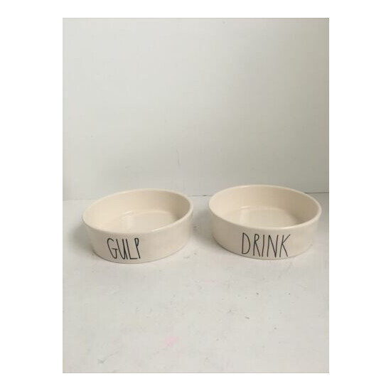 Rae Dunn Set Of 2 Gulp””Drink” Food Water Bowls Black White Small Cat Dog Animal image {1}