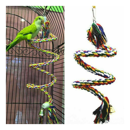 Bird Cockatiel Chew Climbing Ropes Budgie Bell Perch Coil Swing Cage Toy US image {1}