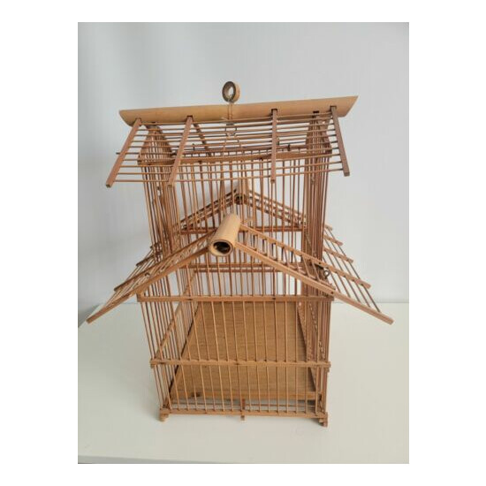 Vintage Large Bamboo Bird Cage Wooden House Shaped 18x18 image {2}