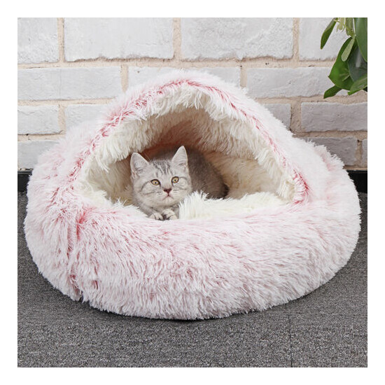 Pet Dog Cat Bed Round Plush Cave House Winter Warm Calming Sleeping Ultra Soft Thumb {1}