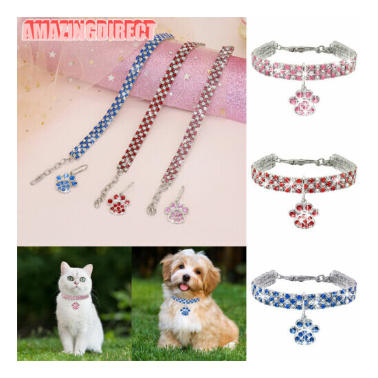 Adjustable Cat Collar Dog Puppy Necklace Paw Pendant Rhinestone Pet Accessories image {1}
