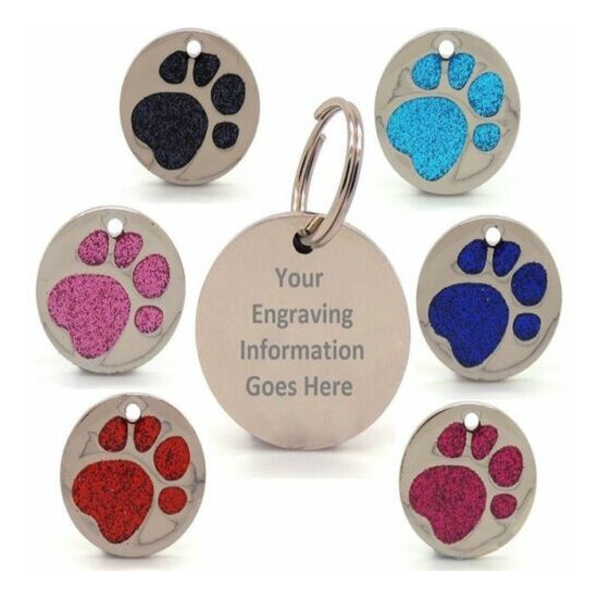 Personalised Engraved Glitter Paw Print Tag Dog Cat Pet ID Tags Reflective image {1}
