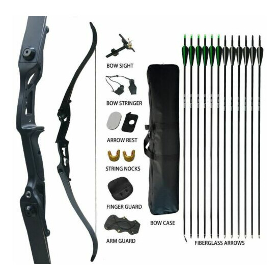 40lb Archery Takedown Recurve Bow Set Right Handed 12x Arrows Outdoor Hunting Thumb {3}