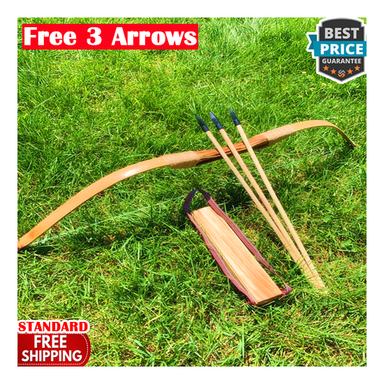 Wooden Bow And Arrows With Quiver Set 3 Pack Arrows For Outdoors Archery Hunting image {1}