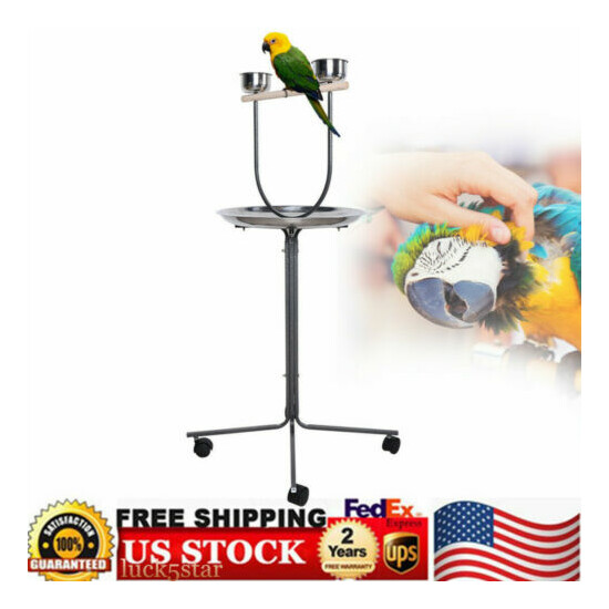48" Bird Parrot Play Stand Cockatoo Gym Perch Metal Pet Feeder w/ Bowls Wheels image {1}