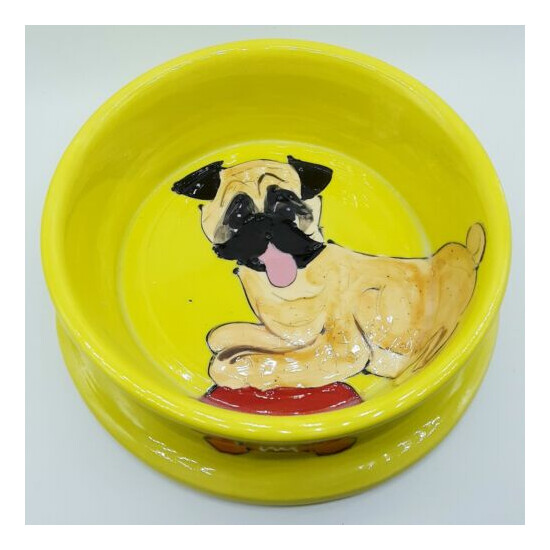 Debby Carman Signed Hand Painted Dog Cat Food Water Dish Green art Bowl Pug dog image {1}