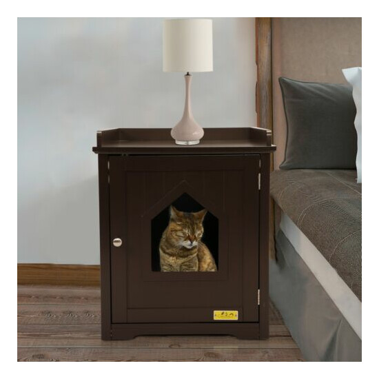 Cat House Enclosed Hidden Litter Box W/Apron Top Cat Hole & Hinged Door Brown image {4}