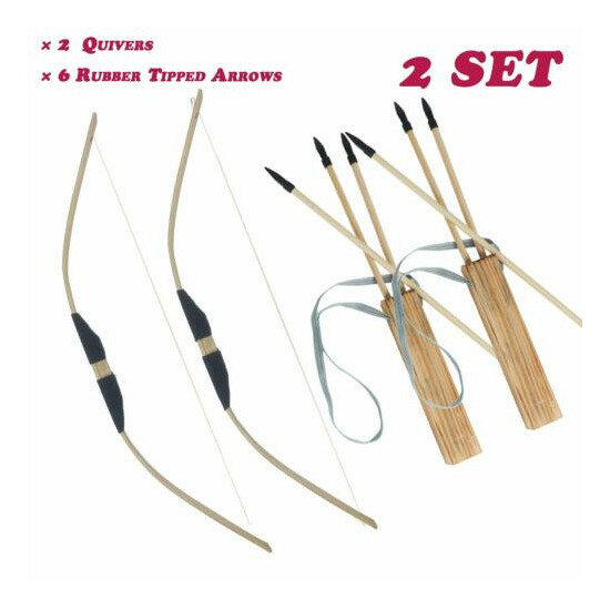 2SET Kids Archery Wooden Bow with Quiver & 3X Arrows Set Garden Target Toys Gift image {1}