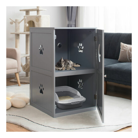 2-tier Litter Box Enclosure Furniture Hidden Cat House W/ Anti-toppling Device image {4}