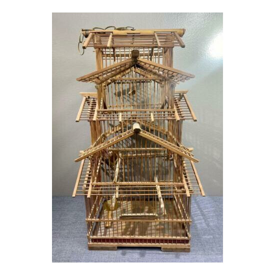 Vintage Pagoda Bamboo 5 Level Tier Wooden Bird Cage Hanging or Standing image {1}