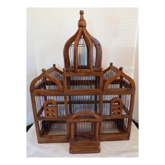 Antique Victorian 3 Dome Wood And Wire Bird Cage With 2 Doors/Feeders Ex. Cond. image {1}