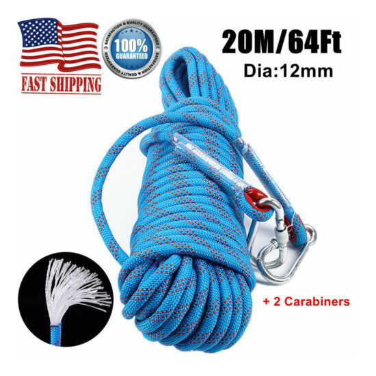 Static Climbing Rope Escape Safety Abseiling Rescue Outdoor 20M/64Ft+2Carabiners Thumb {1}