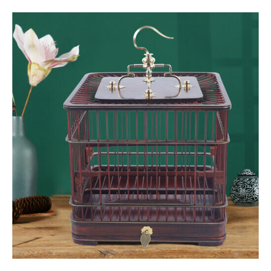 Asian Bird Cage Solid Square Dark Red Wood Carved Wooden Pet Nest Home US image {4}