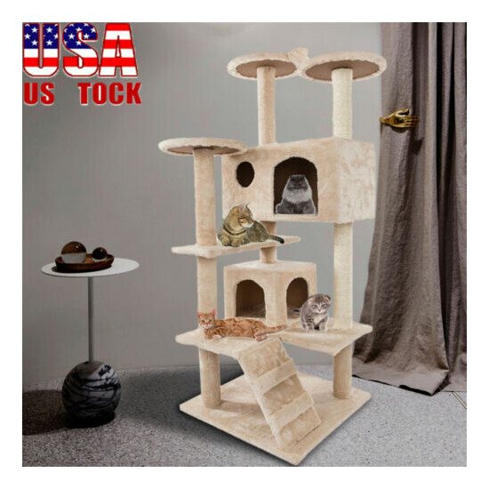 52" Solid Cute Sisal Rope Plush Cat Climb Tree Cat Tower Kitty Supplies Beige image {1}