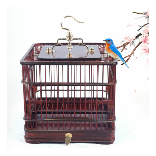 Asian Bird Cage Solid Square Dark Red Wood Carved Wooden Pet Nest Home US image {2}