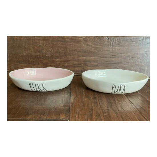 2 RAE DUNN PURR CAT FOOD WATER BOWL DISH WHITE PINK OVAL ARTISAN FARMHOUSE NEW image {1}