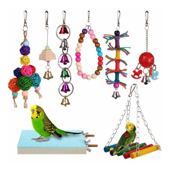 8pcs Bird Ladder Swing Toys Play Set fun Colorful Hanging Bells for Bird Cages image {1}