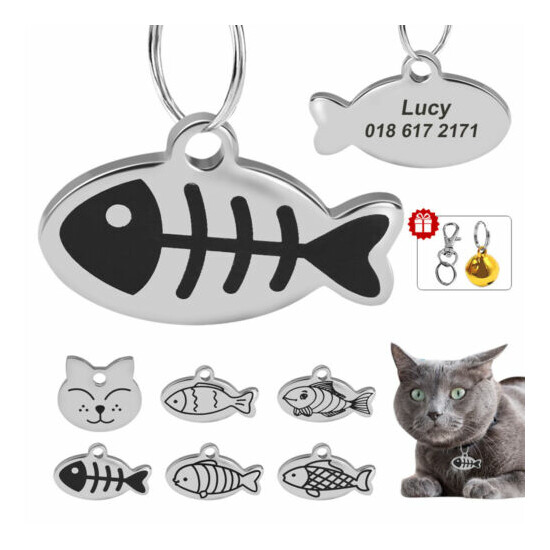 Personalized Cute Cat Tag Engraved Custom Name ID Fish Kitten Disc w/ Free Bell image {1}