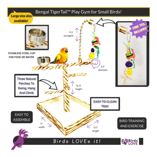 Birds LOVE TigerTail Play Gym Tabletop w Cup, Toy Hanger and Free Parrot Toy Inc image {2}