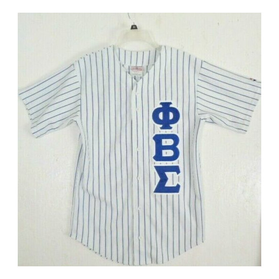  Phi Beta Epsilon Fraternity College White Blue Stripe Poly Baseball Shirt 38-40 image {1}