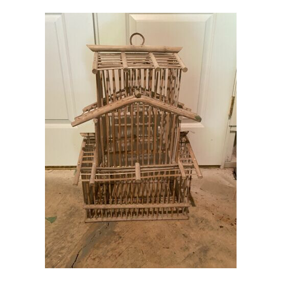 Vintage Pagoda Bamboo 3 Level Tier Wooden 27” High Hanging Bird Cage House Old image {1}