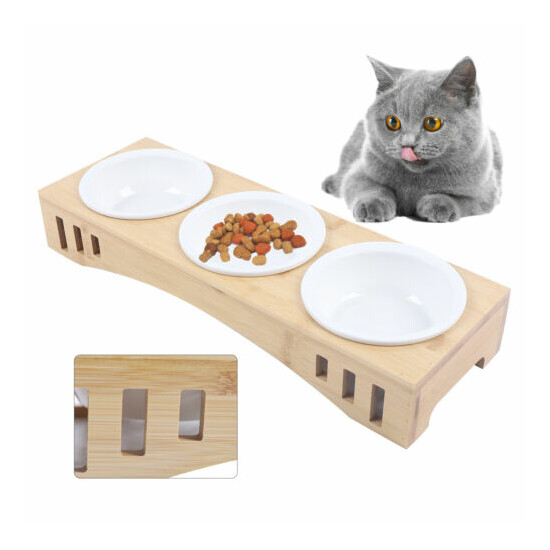 Cat Dog Pet Ceramics Feeding Bowl Water Drinking Tray 3pcs w/ Bamboo Station image {1}