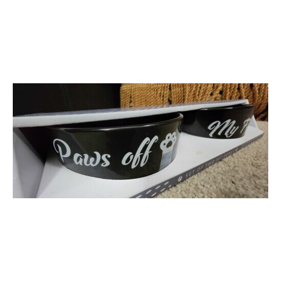Pet Bowl Set of 2 Cat or Dog Small..Black and White w/ Paws Off! Ceramic New! image {1}