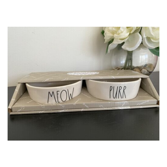 RAE DUNN by Magenta 4" Pet Bowls Cat MEOW PURR Set NEW Pets White black in box image {1}