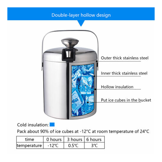1.3L Stainless Steel Ice Bucket Ice Cube Container Double-walled Insulation  image {8}