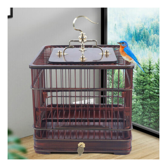 Asian Bird Cage Solid Square Dark Red Wood Carved Wooden Pet Nest Home US image {1}