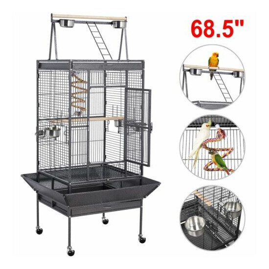 68/61-Inch Large Parrot Bird Cage With Playtop/Rolling Stand/Bungee Rope, Black image {3}