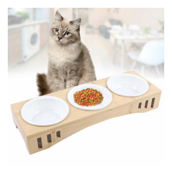 Cat Dog Pet Ceramics Feeding Bowl Water Drinking Tray 3pcs w/ Bamboo Station image {2}