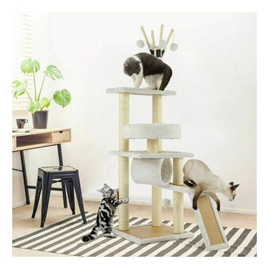 56" Beige Kitten Cat Tree Tower Condo Furniture Scratching Kitty Pet Play House| image {3}