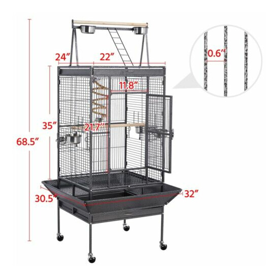 68/61-Inch Large Parrot Bird Cage With Playtop/Rolling Stand/Bungee Rope, Black image {4}
