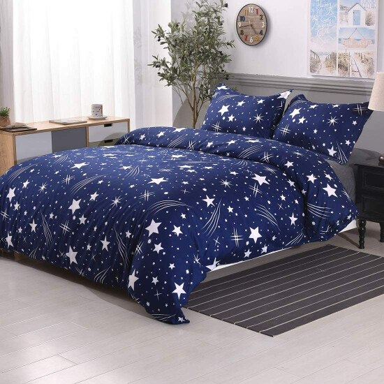 YMY Lightweight Microfiber Bedding Duvet Cover Set, Cute Star Pattern (Blue, Que image {8}